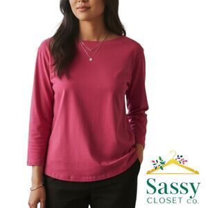 Talbots Pima Cotton Pink Blouse M Round Neck 3/4 Sleeve Soft Knit EUC